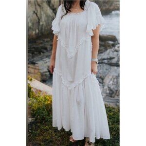 Free People Women Harriet Dress L White Ruffle Cottage Puff Sleeve Midi Boho NWT